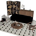 Modern Sofa and Coffee Table Set Featuring Chairs Floor Lamp Decorative Screen and Patterned Rug 3d model