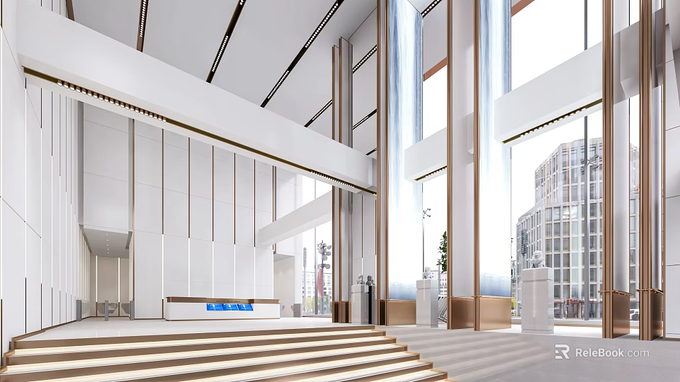 Modern Front Desk Reception Area Design With Large Windows Staircase And Green Plants 3d model 