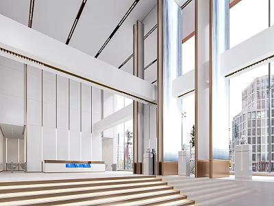 Modern Front Desk Reception Area Design With Large Windows Staircase And Green Plants 3d model