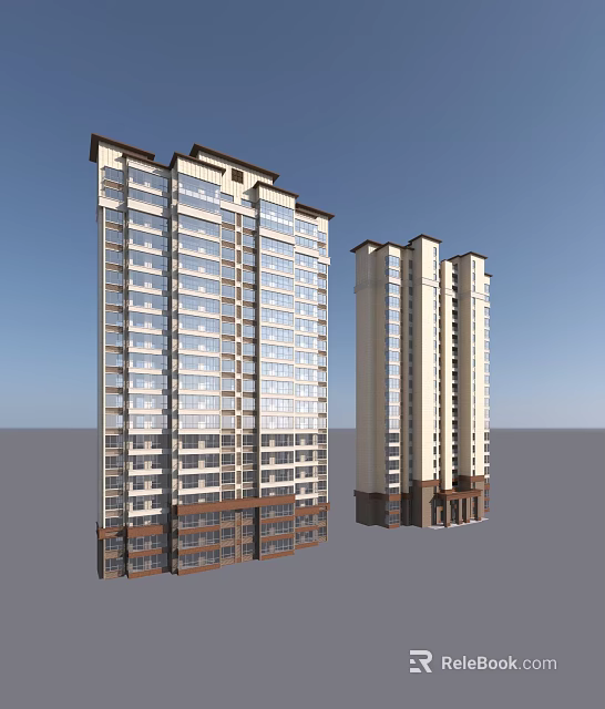 Modern High Rise Residential Building With Beige Brown Exterior And Glass Windows 3d model 