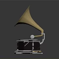 Vintage Golden Gramophone With Elegant Horn And Intricate Dark Wooden Base