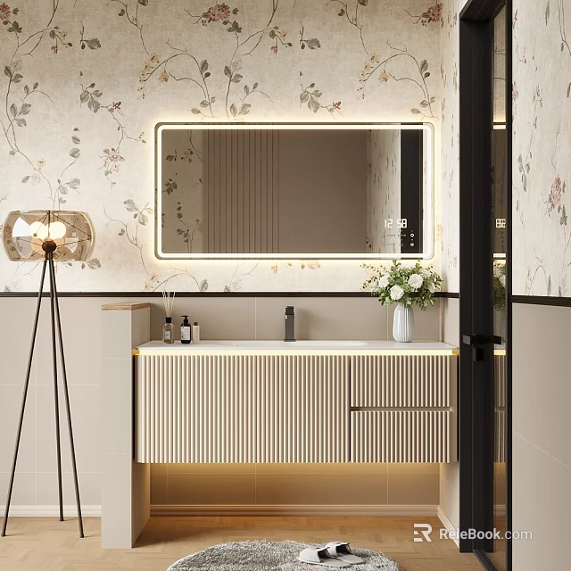 Modern Bathroom Vanity Cabinet with Illuminated Mirror Floral Pattern Wallpaper and Decorative Vase 3d model 