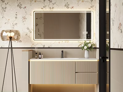 Modern Bathroom Vanity Cabinet with Illuminated Mirror Floral Pattern Wallpaper and Decorative Vase 3d model