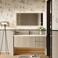 Modern Bathroom Vanity Cabinet with Illuminated Mirror Floral Pattern Wallpaper and Decorative Vase
