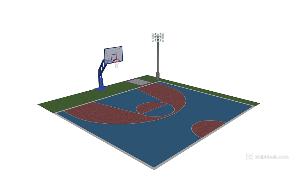 Park Landscape Featuring Outdoor Basketball Court With Blue Red Surface And Hoop 3d model 