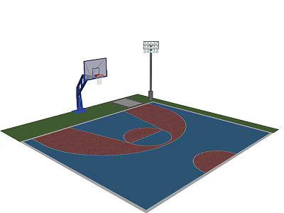 Park Landscape Featuring Outdoor Basketball Court With Blue Red Surface And Hoop 3d model