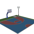 Park Landscape Featuring Outdoor Basketball Court With Blue Red Surface And Hoop