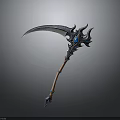 Ornate Fantasy Weapon Scythe With Curved Blade Blue Gemstone And Brown Handle