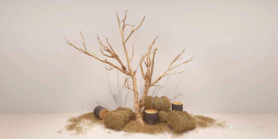 Natural Bare Tree Decorative Scene With Hay Bales And Tree Stumps 3d model 