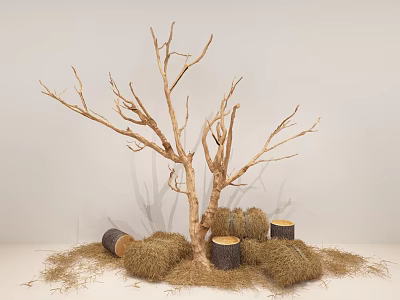 Natural Bare Tree Decorative Scene With Hay Bales And Tree Stumps 3d model