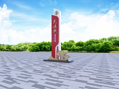 Floral Art Installation for Civil Code Red Pillar in Outdoor Square With Green Trees 3d model