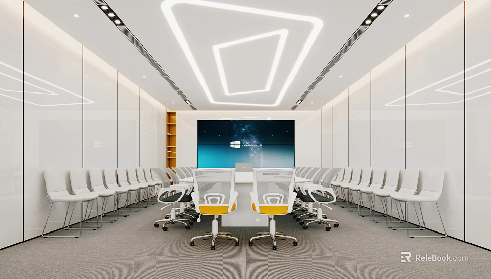Modern Conference Room Interior With White Chairs Yellow Seats Large Screen And Ceiling Lighting 3d model 