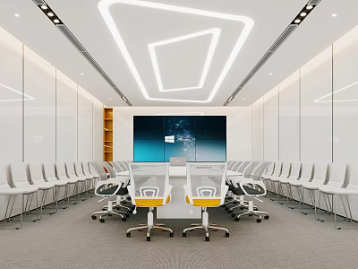 Modern Conference Room Interior With White Chairs Yellow Seats Large Screen And Ceiling Lighting 3d model