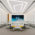Modern Conference Room Interior With White Chairs Yellow Seats Large Screen And Ceiling Lighting
