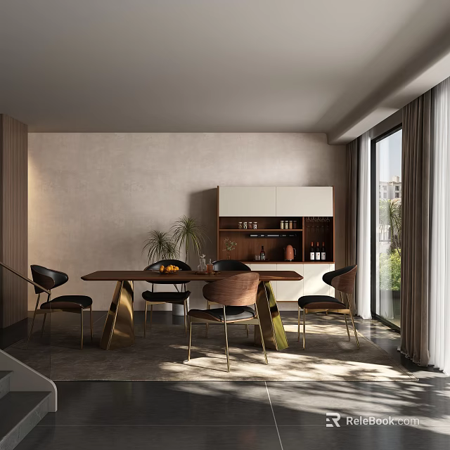 Modern Restaurant Interior With Long Dining Table Chairs Cabinet Large Windows And Abundant Light 3d model 