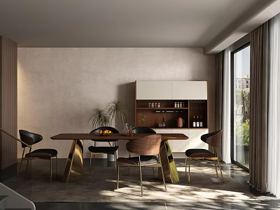 Modern Restaurant Interior With Long Dining Table Chairs Cabinet Large Windows And Abundant Light 3d model