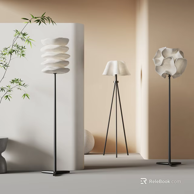 Three Floor Lamps With Unique Designs Illuminate Modern Interior With Bamboo Accents 3d model 