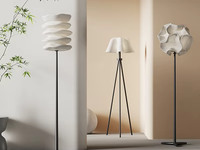Three Floor Lamps With Unique Designs Illuminate Modern Interior With Bamboo Accents 3d model