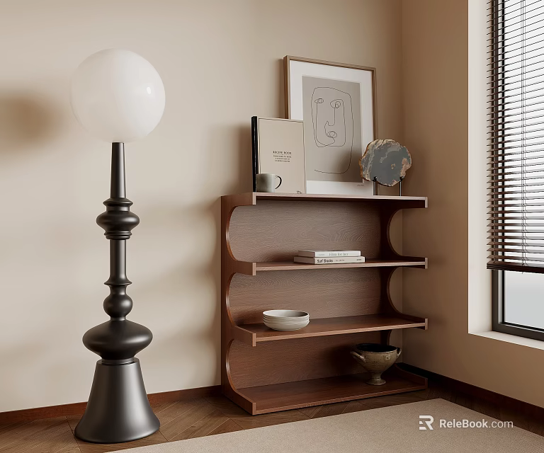 Warm Interior With Black Spherical Lamp Wooden Shelf Artwork And Decor Items 3d model 