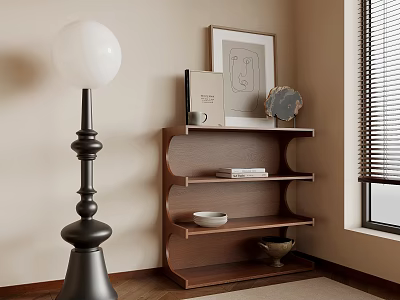 Warm Interior With Black Spherical Lamp Wooden Shelf Artwork And Decor Items 3d model