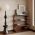 Warm Interior With Black Spherical Lamp Wooden Shelf Artwork And Decor Items