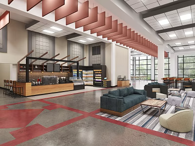 Modern Café with Open Space Bar Counter Sofa Tables Red Ceiling Strips and Large Windows 3d model