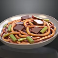 Silver Bowl With Orange Noodles Green Strips And Brown Cubes Dish