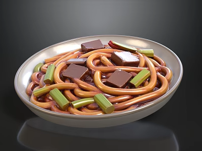 Silver Bowl With Orange Noodles Green Strips And Brown Cubes Dish 3d model