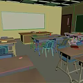 School Classroom With Yellow Walls White Whiteboard Green Greenboard Teacher's Desk Desks Chairs And Stationery