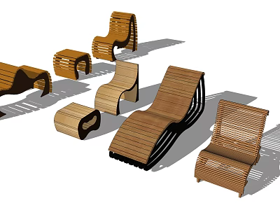 Modern Wooden Lounge Chairs With Various Designs And Matching Side Tables 3d model