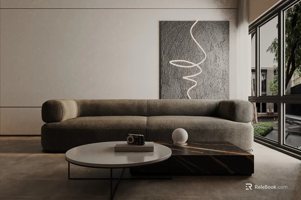Modern Three Seater Sofa In Gray With Coffee Table And Curved Wall Art Near Window 3d model 