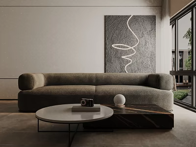 Modern Three Seater Sofa In Gray With Coffee Table And Curved Wall Art Near Window 3d model