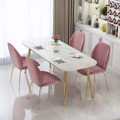 Light Luxury Dining Table and Chair Combination Simple Mix and Match Dining Table and Chair Marble Desktop Flannelette Chair Paint Gold 3d model