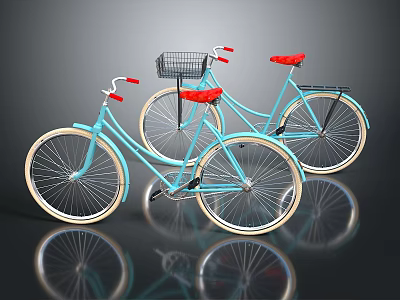 Two Light Blue Bicycles With Red Seats Black Front Basket And White Rims 3d model