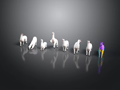 Group Of White And Colorful Llamas With Reflections On Dark Background 3d model