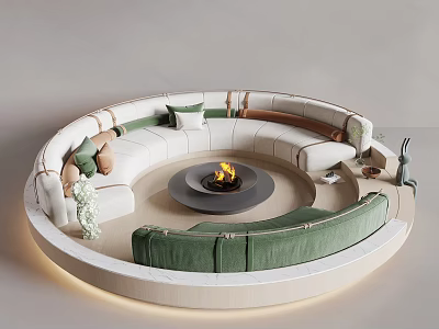 Round Sectional Sofa With White And Green Upholstery Fire Pit And Decorative Pillows 3d model