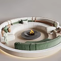 Round Sectional Sofa With White And Green Upholstery Fire Pit And Decorative Pillows