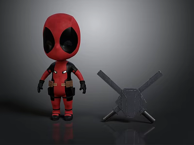 Cute Deadpool Action Figure In Red Black Costume With Crossed Swords 3d model