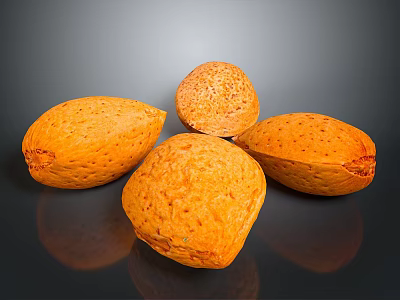 Five Fresh Orange Speckled Almonds Placed on Black Reflective Surface 3d model