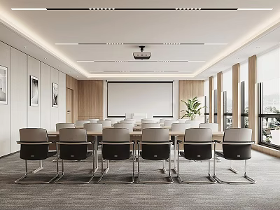 Modern Conference Room With Wooden Table Leather Chairs Projection Screen And Large Windows 3d model