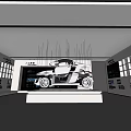 Modern Exhibition Hall Featuring White Car On Display Platform With Digital Screens And Windows