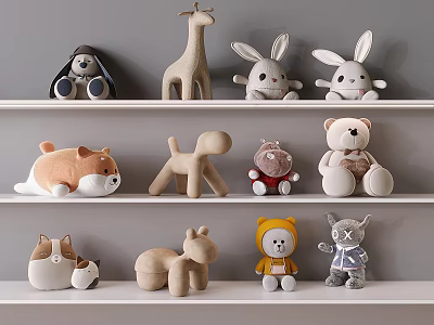 Plush Toys Arranged On White Shelves Against Gray Wall 3d model