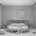 Modern Neutral Bedroom Interior With Circular Wall Art Dark Wooden Headboard And White Bedding
