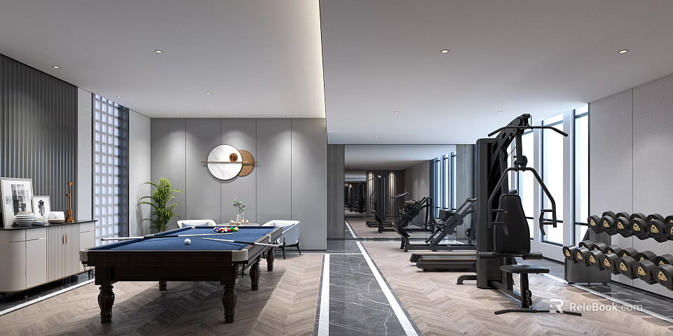 Modern Indoor Sports Fitness Space With Pool Table Workout Equipment And Seating Area 3d model 