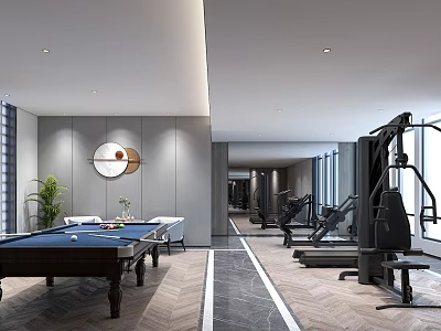 Modern Indoor Sports Fitness Space With Pool Table Workout Equipment And Seating Area 3d model