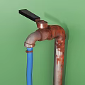 Wall Mounted Sink on Green Wall with Rusty Pipes and Blue Hose