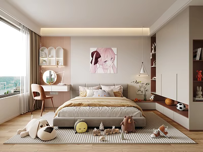 Kids Bed in Cozy Children's Room with Cartoon Wall Art Toys and Natural Light 3d model