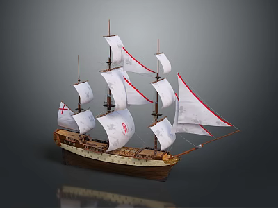 Detailed Sailboat Model With White Sails And Red Emblems On Wooden Hull 3d model