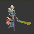 3D Chibi Cartoon Character With Blue Hair White Headdress Blue Purple Outfit And Yellow Weapon