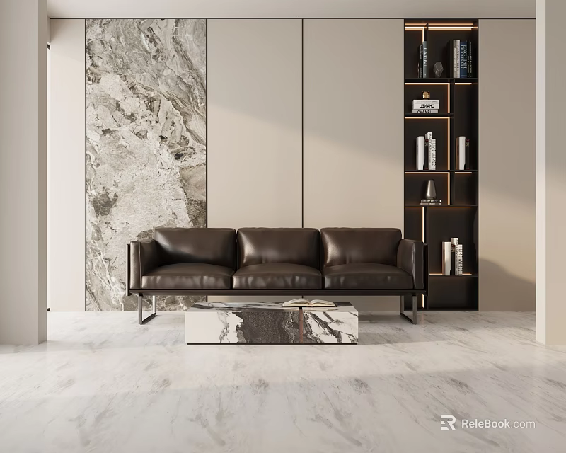 Brown Leather Three Seater Sofa In Modern Living Room With Marble Coffee Table And Bookshelf 3d model 